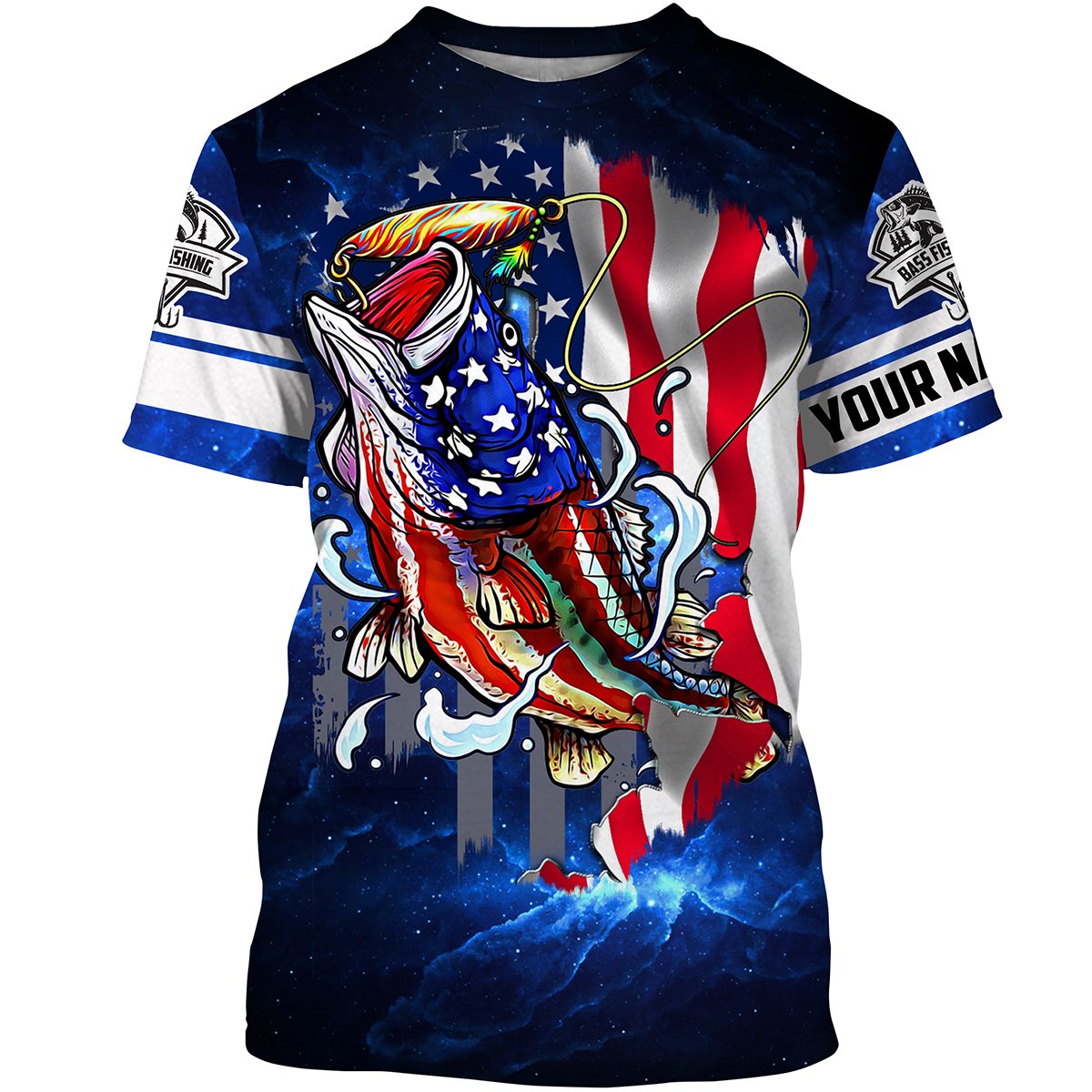 BlueJose Bass Fishing 3D American Flag Patriotic Customize Name All Over Print Shirt