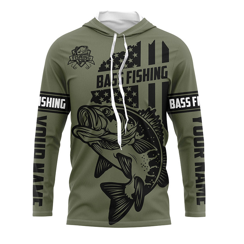 BlueJose Bass Hunter Fishing American Flag Custom    Long Sleeve Fishing Shirts