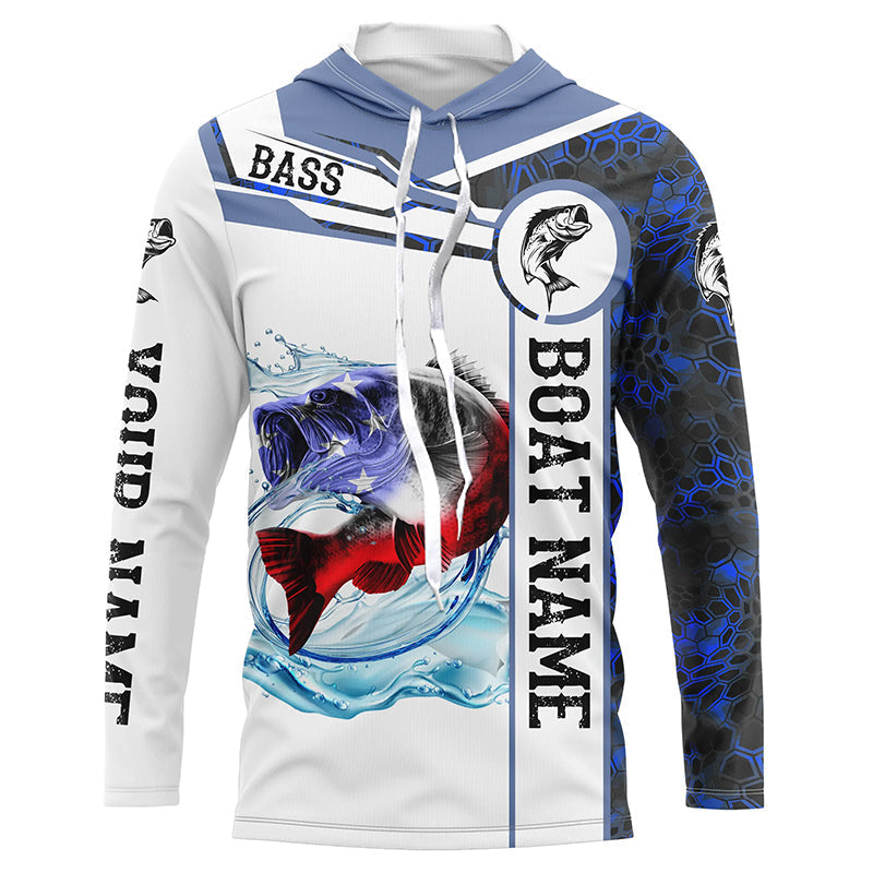BlueJose Bass Fishing Blue Camo American Flag Custom Name & Boat Name 3D Shirts