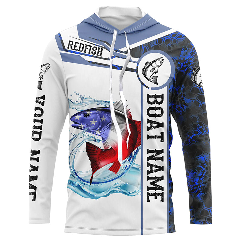 BlueJose Redfish Fishing Blue Camo American Flag Custom Name & Boat Name 3D Shirts
