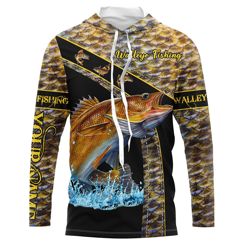 BlueJose Walleye Fishing Yellow Walleye Scales Custom Name Walleye Fishing Long Sleeve, Long Sleeve Hooded
