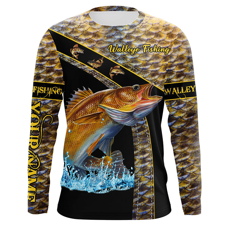 BlueJose Walleye Fishing Yellow Walleye Scales Custom Name Walleye Fishing Long Sleeve, Long Sleeve Hooded