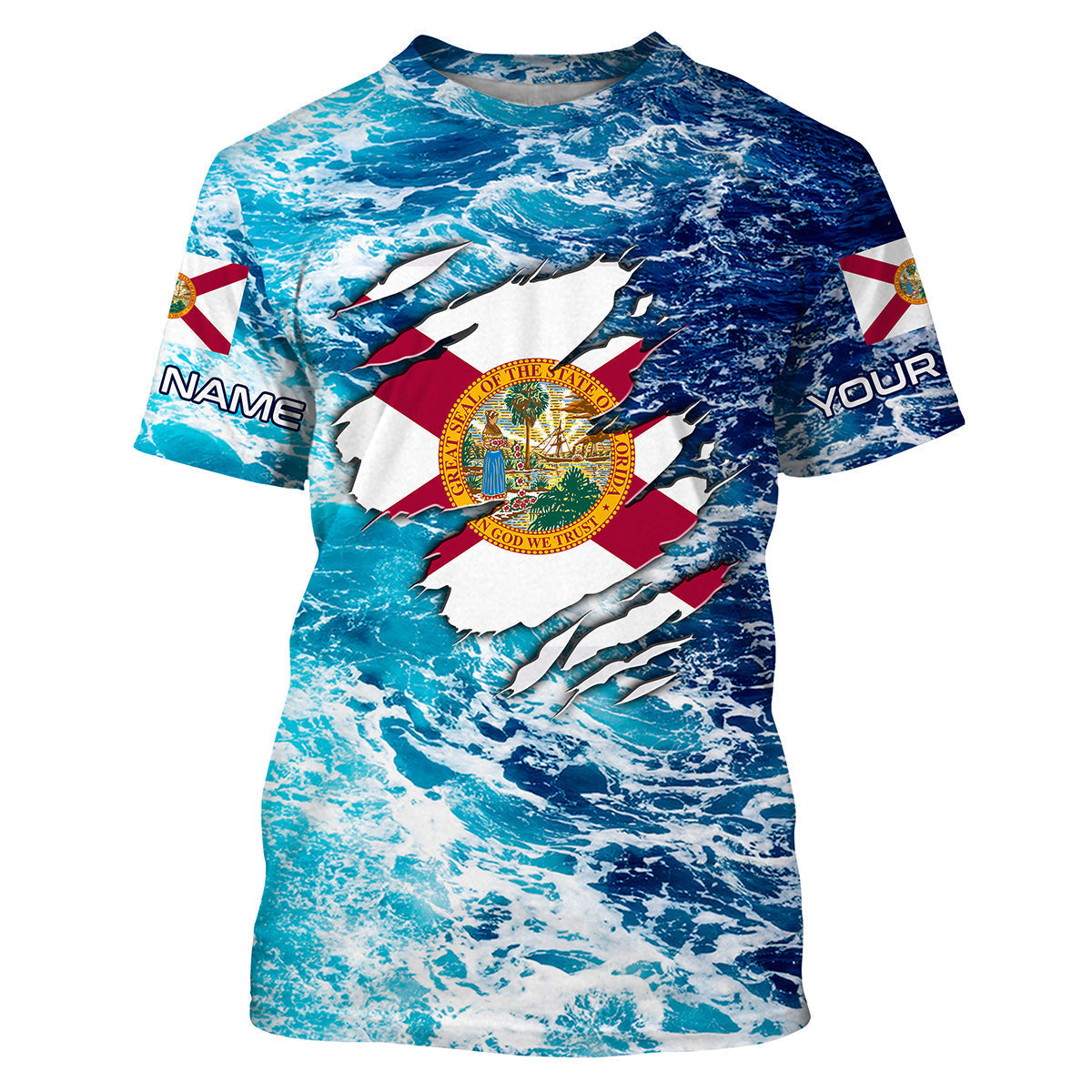 BlueJose Blue Sea Wave Ocean Camo Florida Flag Custom Name Fishing Shirt