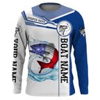 BlueJose Striped Bass Fishing American Flag Custom Name And Boat Name Performance Long Sleeve Fishing Shirts, Patriotic Fishing Gifts