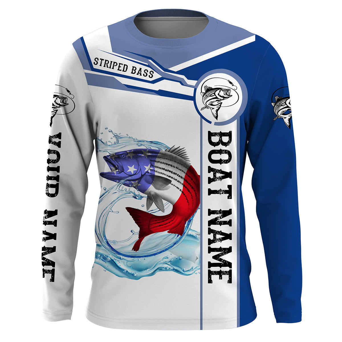 BlueJose Striped Bass Fishing American Flag Custom Name And Boat Name Performance Long Sleeve Fishing Shirts, Patriotic Fishing Gifts