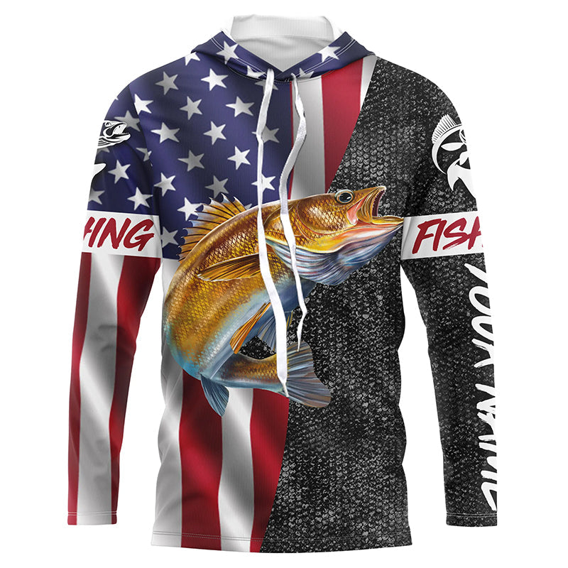 BlueJose Personalized Walleye Fishing Jerseys, Custom American Flag Walleye Long Sleeve, Long Sleeve Hooded