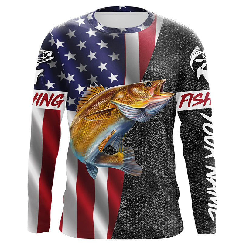BlueJose Personalized Walleye Fishing Jerseys, Custom American Flag Walleye Long Sleeve, Long Sleeve Hooded