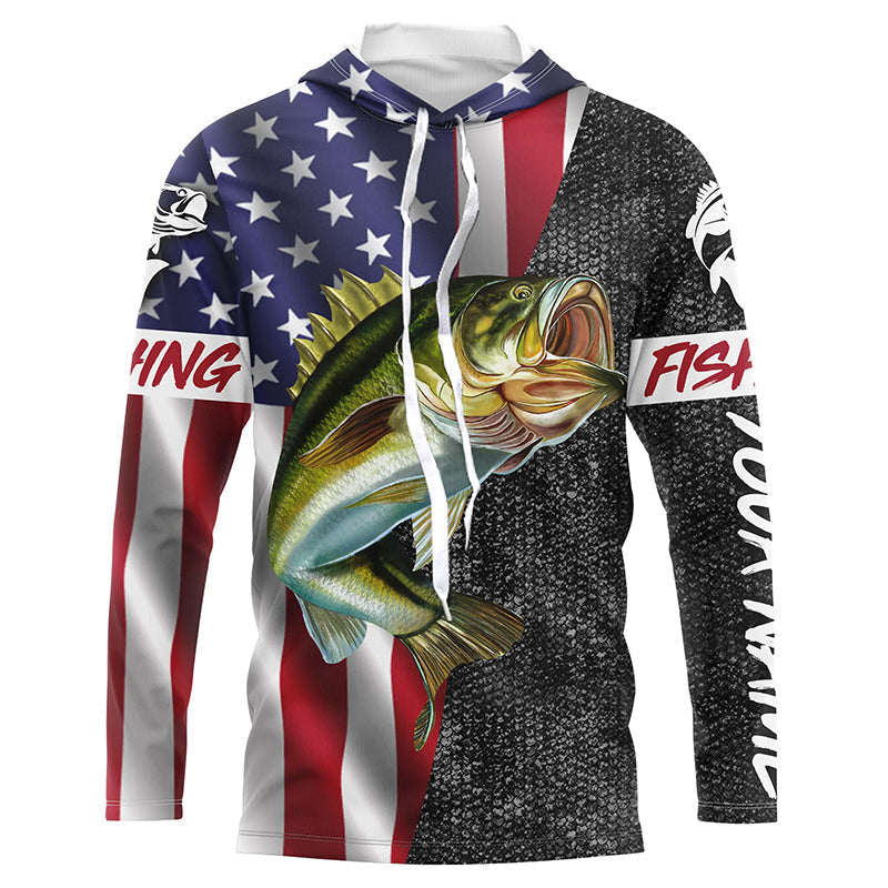 BlueJose Personalized Bass Fishing Jerseys, Custom American Flag Bass Fishing Long Sleeve, Long Sleeve Hooded