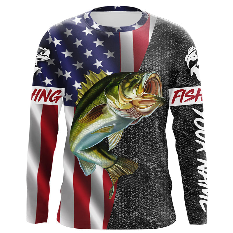 BlueJose Personalized Bass Fishing Jerseys, Custom American Flag Bass Fishing Long Sleeve, Long Sleeve Hooded