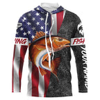 BlueJose American Flag Patriotic Redfish Fishing Jerseys, Personalized Red Drum Fishing Long Sleeve Shirts