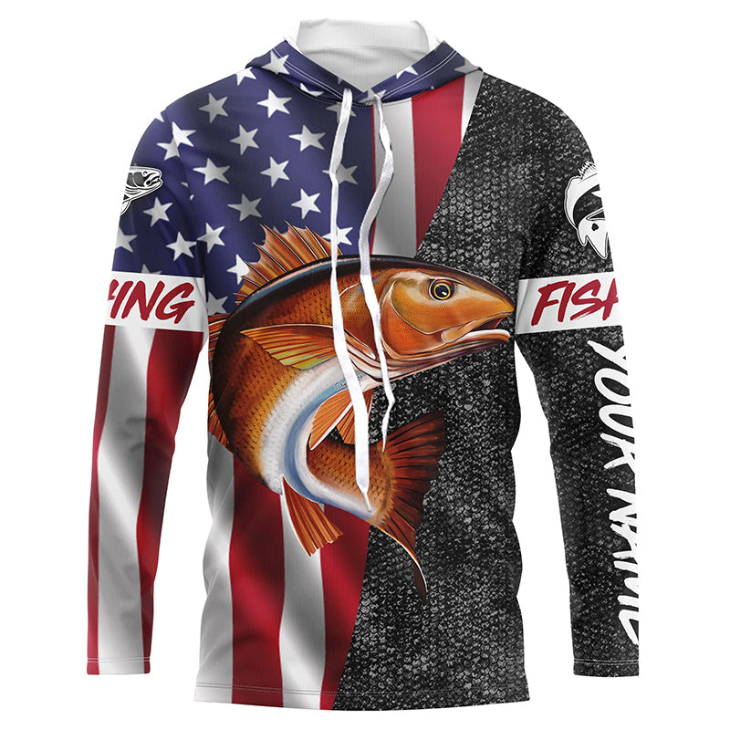 BlueJose American Flag Patriotic Redfish Fishing Jerseys, Personalized Red Drum Fishing Long Sleeve Shirts