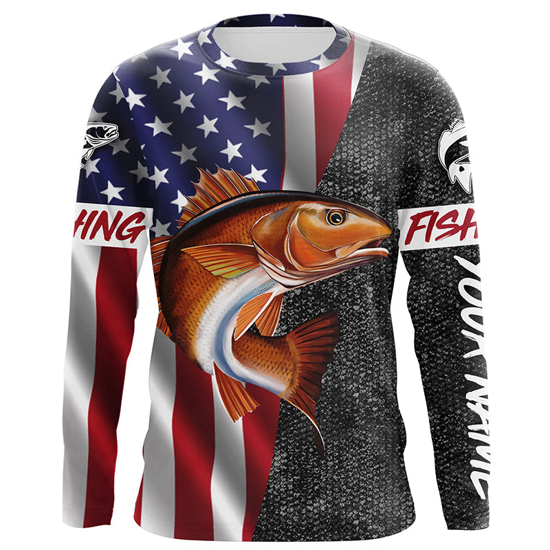 BlueJose American Flag Patriotic Redfish Fishing Jerseys, Personalized Red Drum Fishing Long Sleeve Shirts