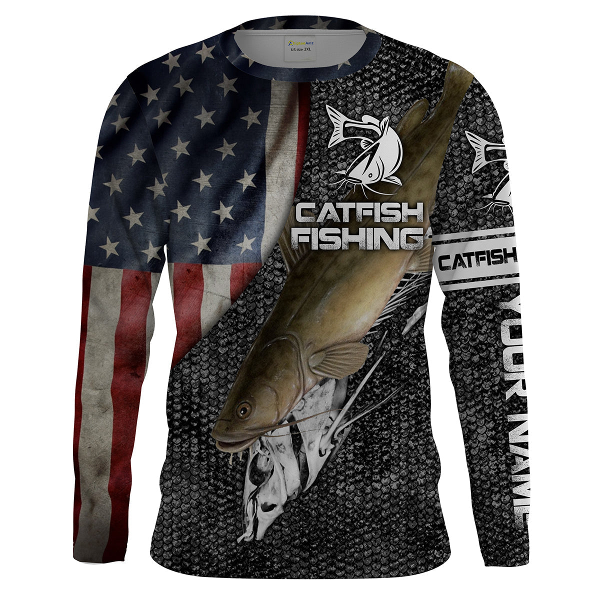 BlueJose Flathead Catfish Fishing American Flag Patriotic Custom Name 3D Shirts