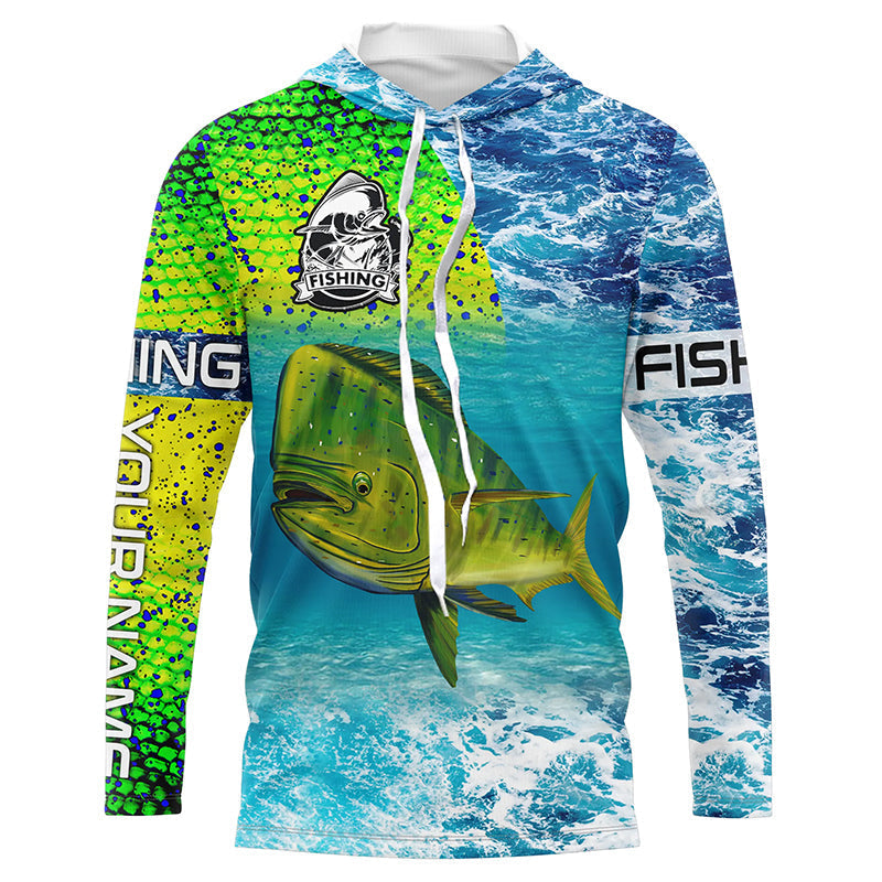 BlueJose Custom Mahi Mahi Fishing Green Scales Blue Sea Wave Camo Tournament Fishing Jersey