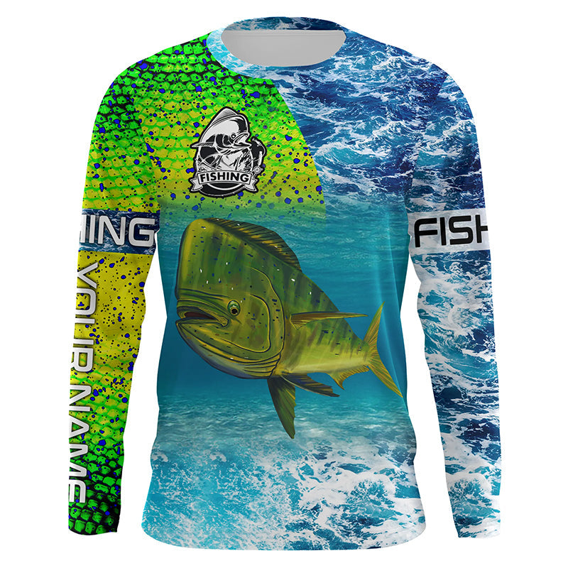 BlueJose Custom Mahi Mahi Fishing Green Scales Blue Sea Wave Camo Tournament Fishing Jersey