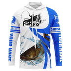 BlueJose Flathead Catfish Fishing Tournament Fishing Jersey, Personalized White Blue Catfish Long Sleeve Shirt
