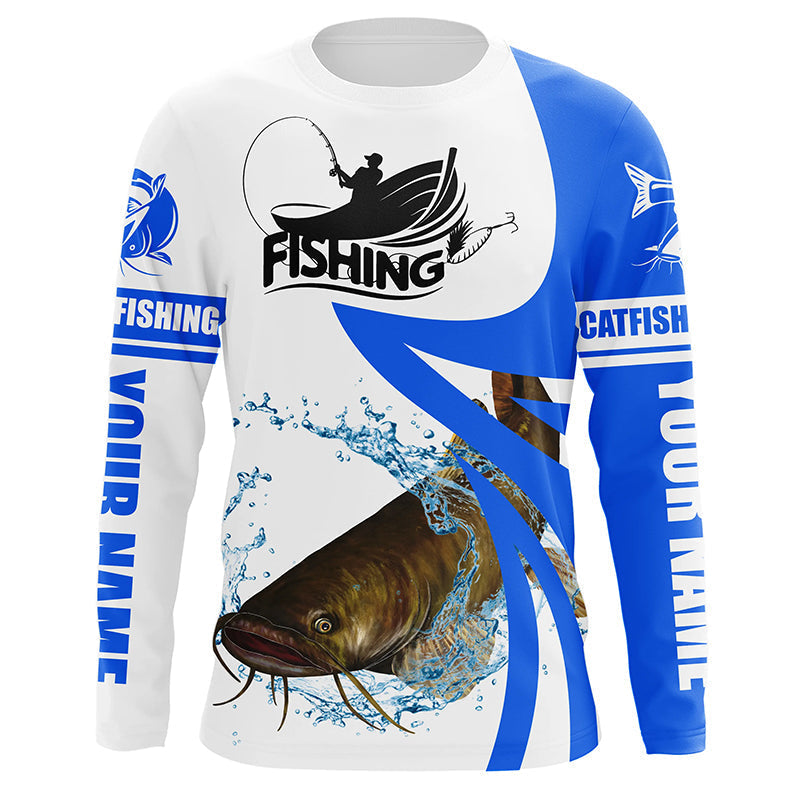 BlueJose Flathead Catfish Fishing Tournament Fishing Jersey, Personalized White Blue Catfish Long Sleeve Shirt