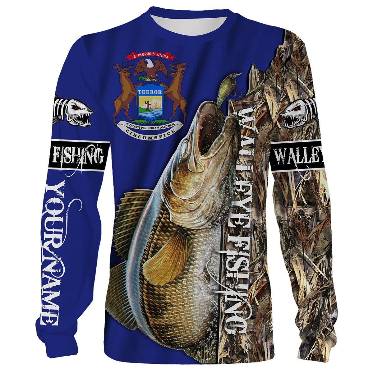 BlueJose Walleye Fishing Michigan Flag Customized Name 3D All Over Print Shirts Personalized