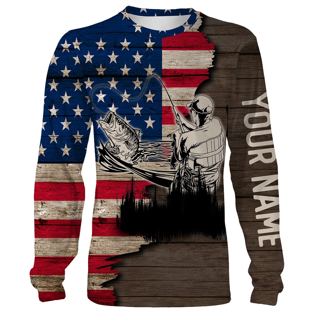BlueJose Largemouth Bass Fishing American Flag Customize Name All Over Printed Shirts Personalized Fishing Gift