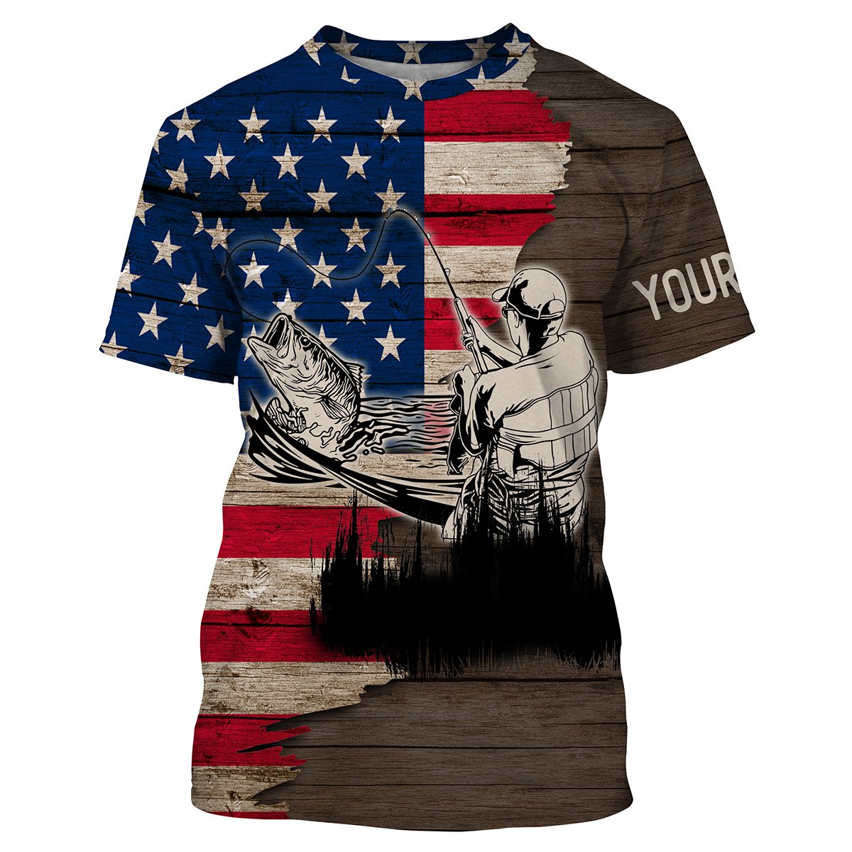 BlueJose Largemouth Bass Fishing American Flag Customize Name All Over Printed Shirts Personalized Fishing Gift