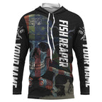 BlueJose Halloween American Flag Fish Skull Reaper Fishing Custom Name Long Sleeve Fishing Shirts