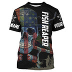 BlueJose Halloween American Flag Fish Skull Reaper Fishing Custom Name Long Sleeve Fishing Shirts