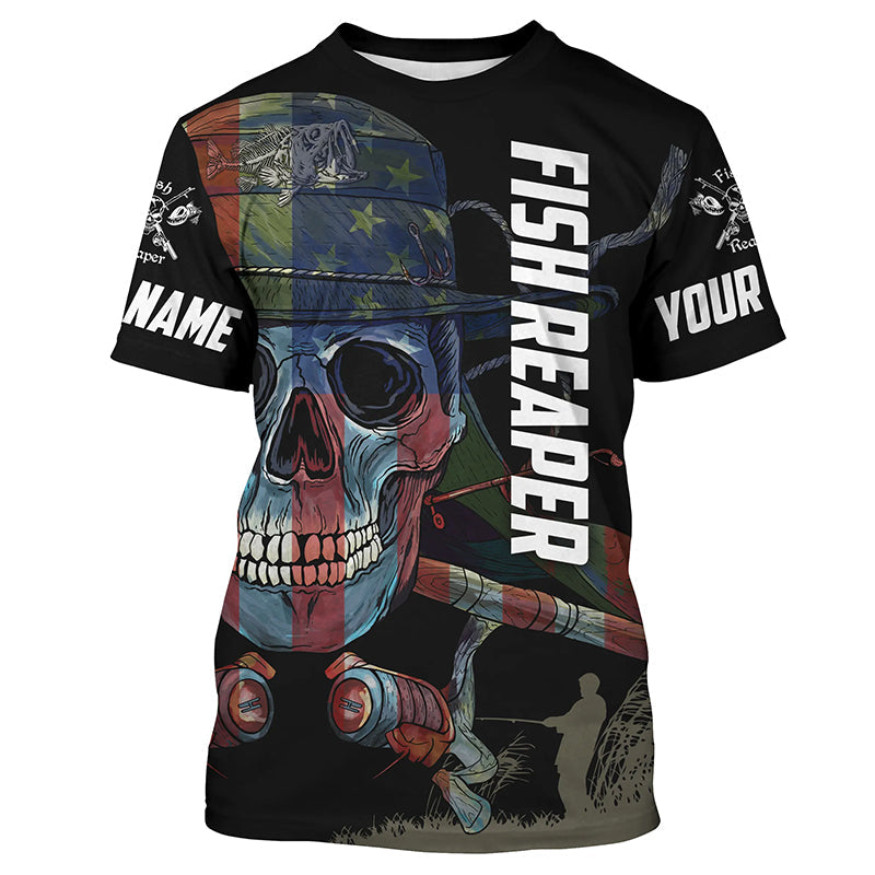 BlueJose Halloween American Flag Fish Skull Reaper Fishing Custom Name Long Sleeve Fishing Shirts