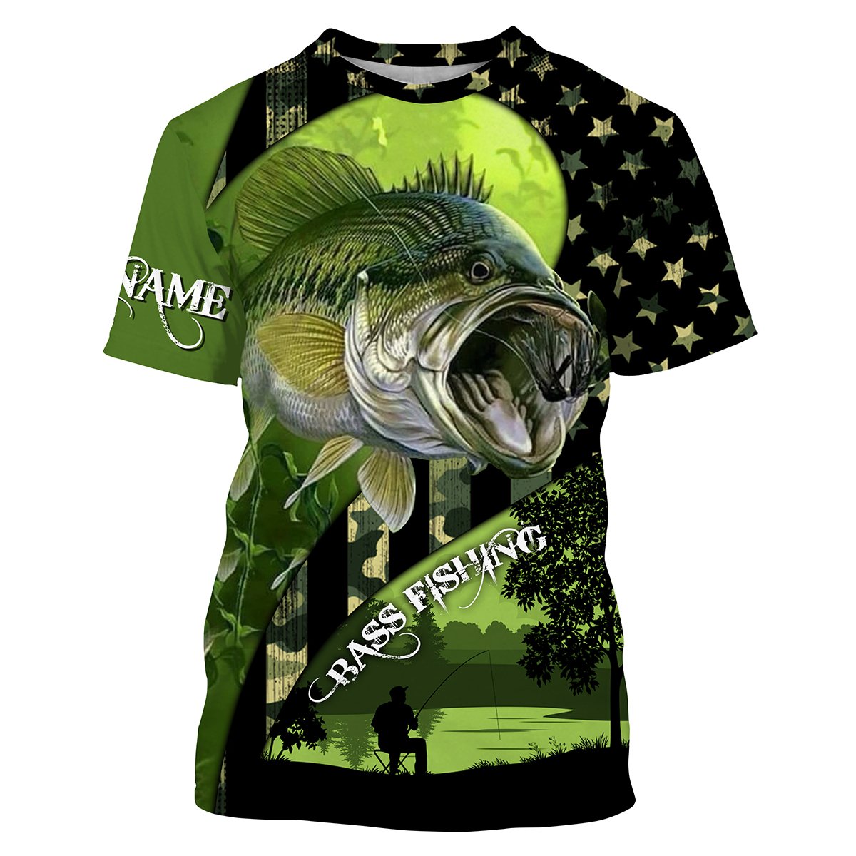 BlueJose Largemouth Bass Fishing American Flag Customize Name 3D Shirts