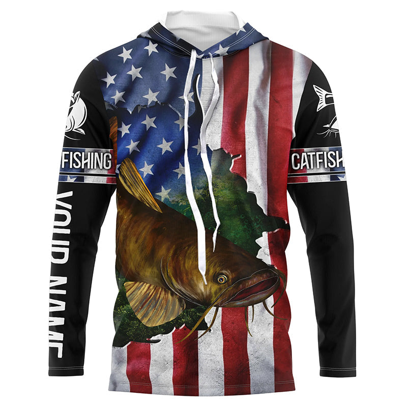 BlueJose Flathead Catfish Fishing American Flag Patriotic Personalized Catfish Long Sleeve Fishing Shirts