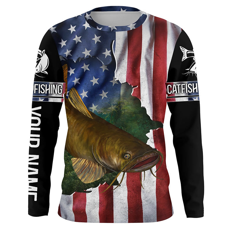 BlueJose Flathead Catfish Fishing American Flag Patriotic Personalized Catfish Long Sleeve Fishing Shirts