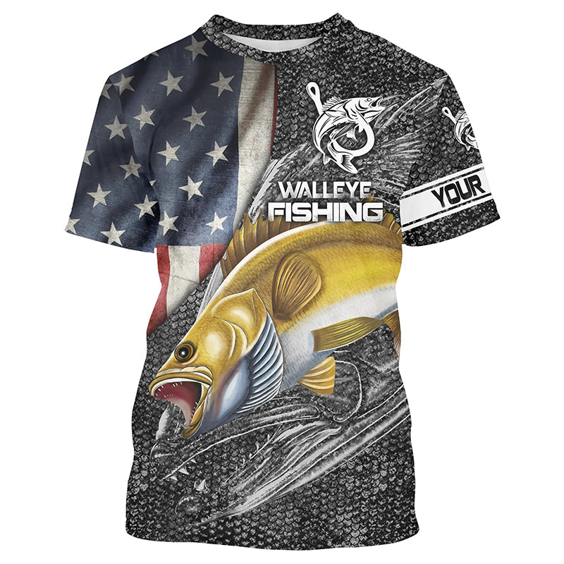 BlueJose Walleye Fishing American Flag Patriotic Custome Name 3D Shirts