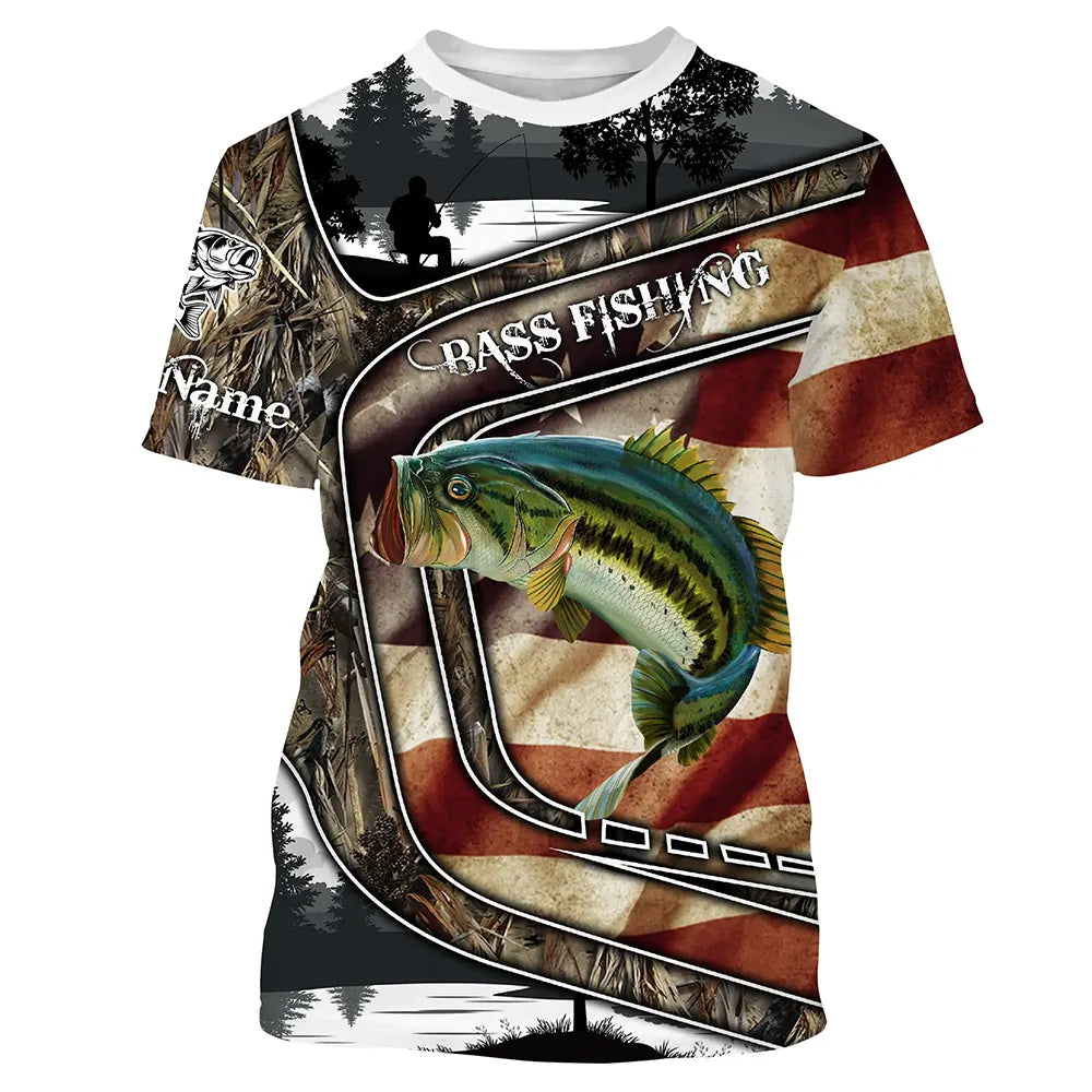 BlueJose Custom American Flag Patriotic Bass Fishing Shirt