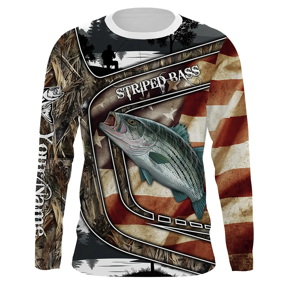 BlueJose American Flag Patriotic Striped Bass Fishing 3D Shirts
