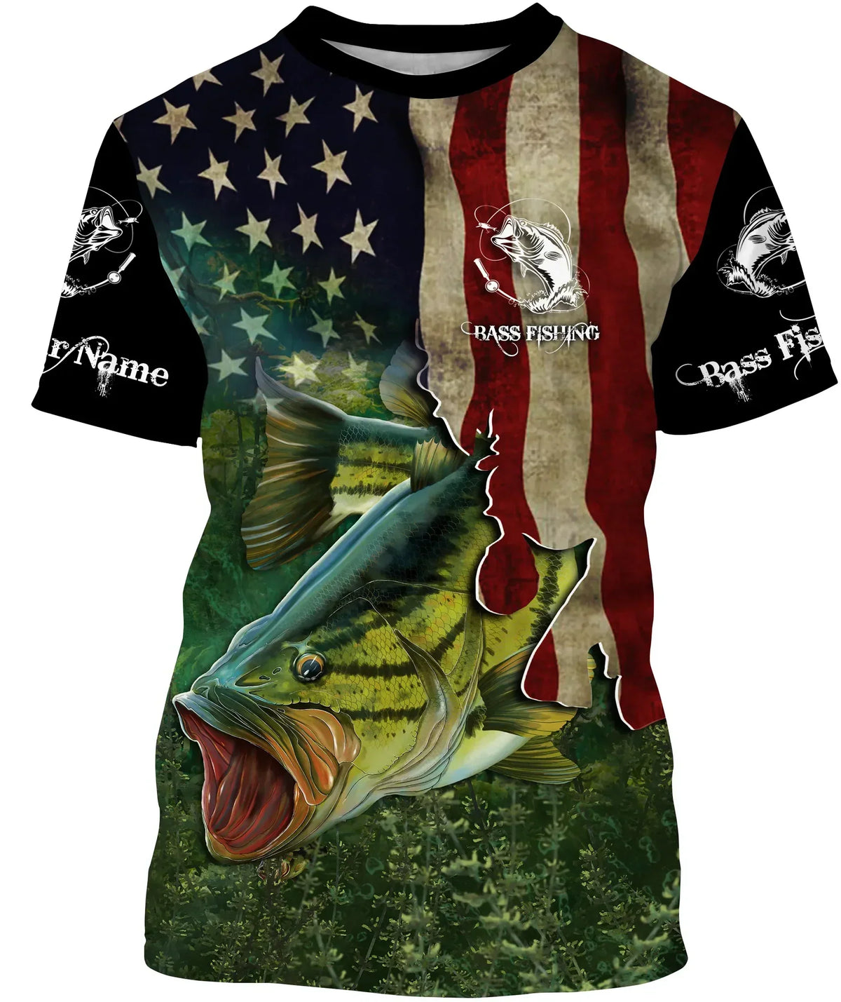 BlueJose Largemouth Bass Fishing 3D American Flag Patriotic Customize Name Fishing Shirts