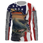 BlueJose Catfish Fishing American Flag Patriotic Fishing Clothing Custom Name   Performance Fishing Catfish Shirt