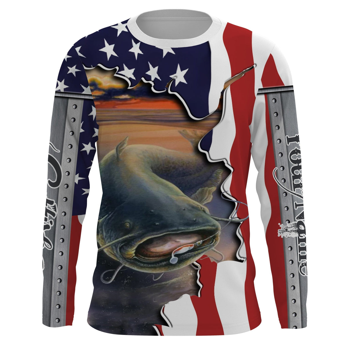 BlueJose Catfish Fishing American Flag Patriotic Fishing Clothing Custom Name   Performance Fishing Catfish Shirt