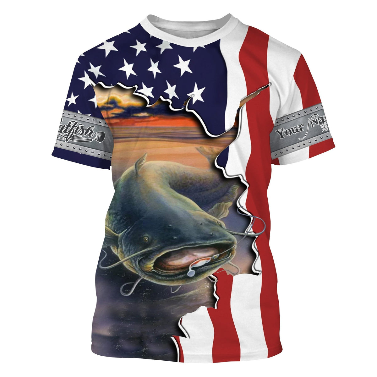BlueJose Catfish Fishing American Flag Patriotic Fishing Clothing Custom Name   Performance Fishing Catfish Shirt