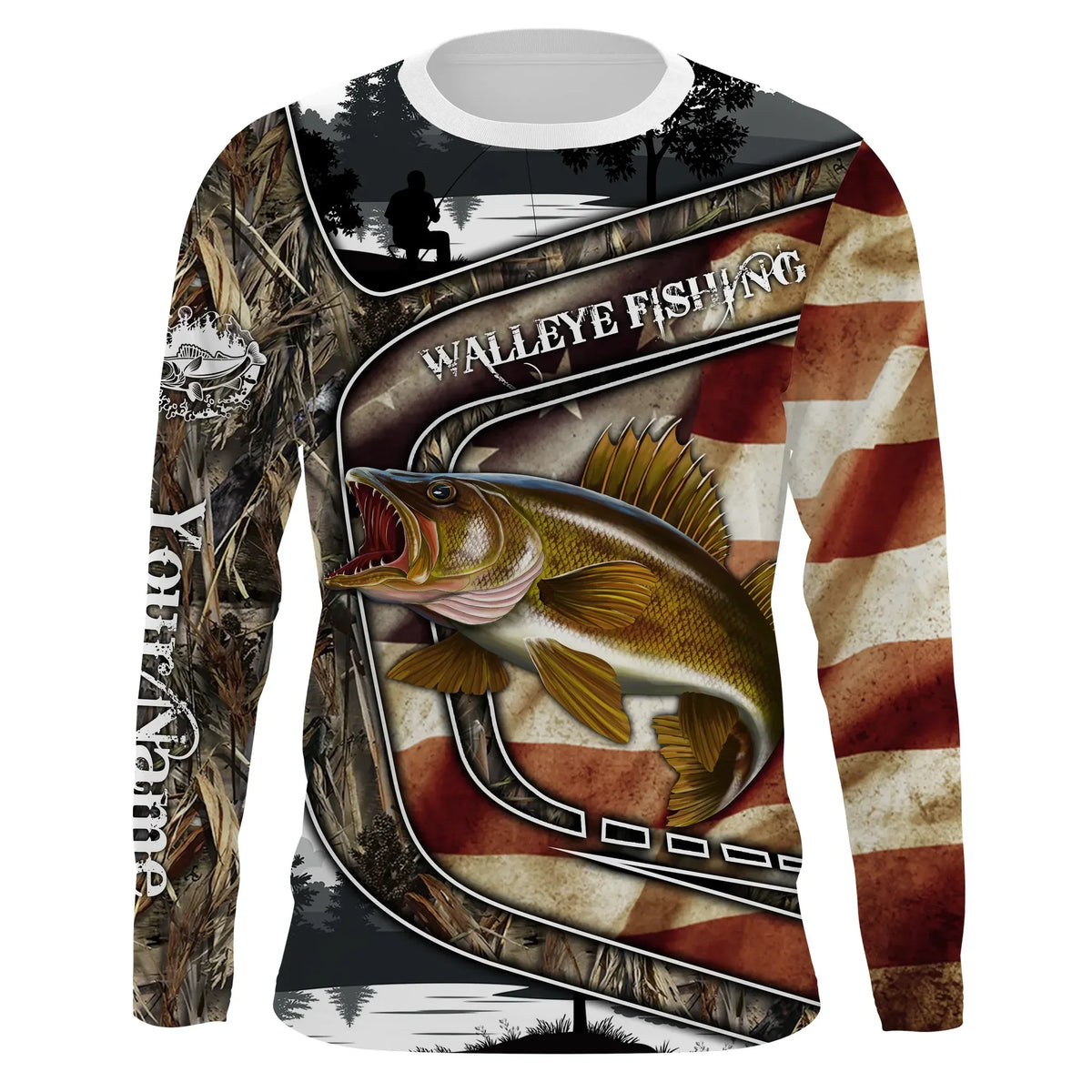 BlueJose Walleye Fishing Camo American Flag Patriotic Customize Name 3D Shirts