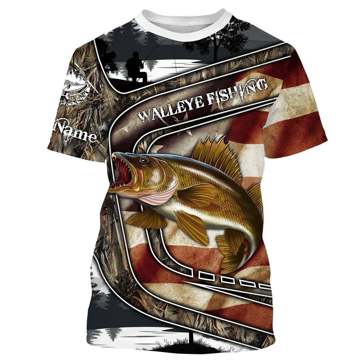 BlueJose Walleye Fishing Camo American Flag Patriotic Customize Name 3D Shirts