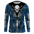 BlueJose Halloween Fish Reaper Fishing Zipper Blue Camouflage Shirt Customize Name Long Sleeve Fishing Shirts