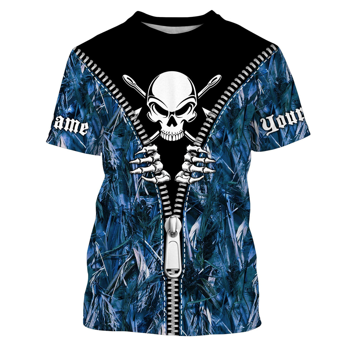 BlueJose Halloween Fish Reaper Fishing Zipper Blue Camouflage Shirt Customize Name Long Sleeve Fishing Shirts