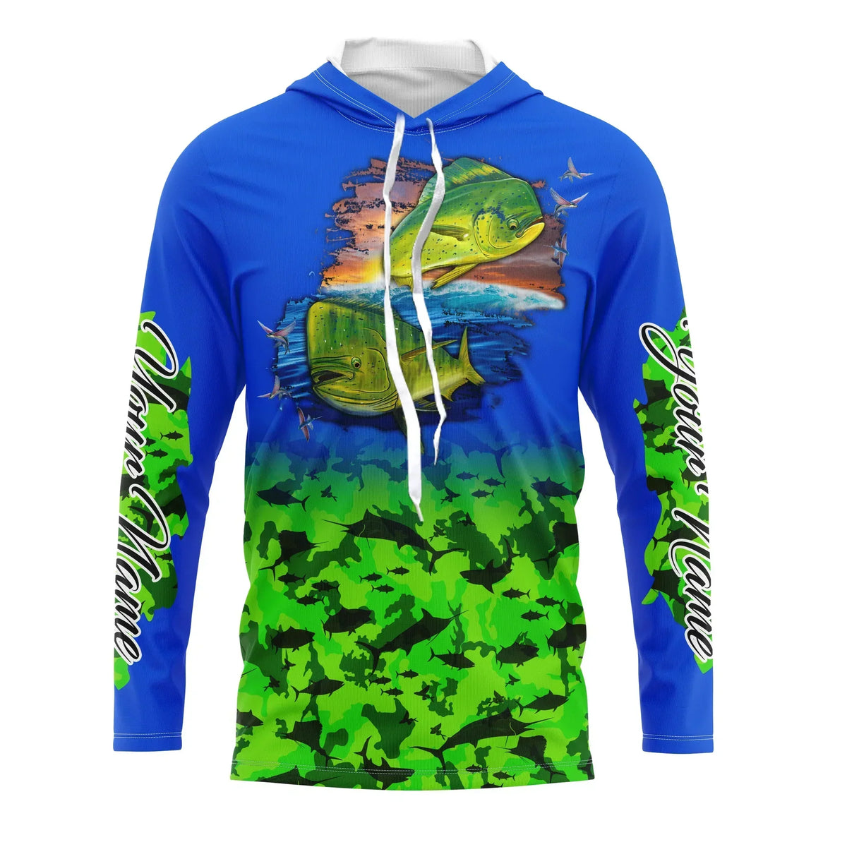 BlueJose Custom Mahi Mahi Fishing Green Camo Fishing Jersey, Dorado Saltwater Fishing Long Sleeve Shirts