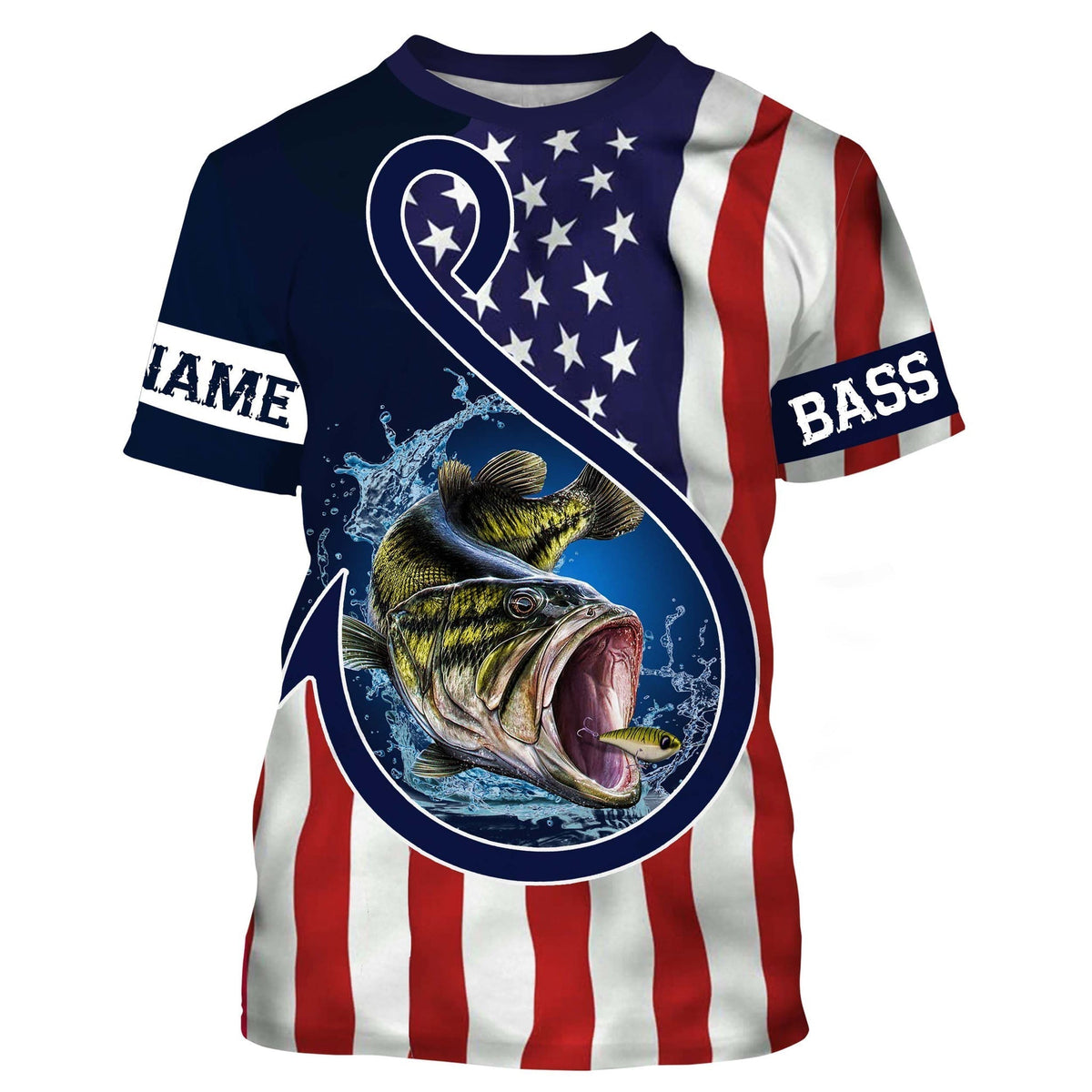 BlueJose Largemouth Bass Fishing American Flag Patriotic Customize Name Fishing Shirts