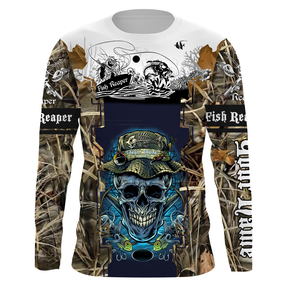 BlueJose Halloween Fish Reaper Fishing Camouflage Custom Name Long Sleeves¬¨‚Ä†