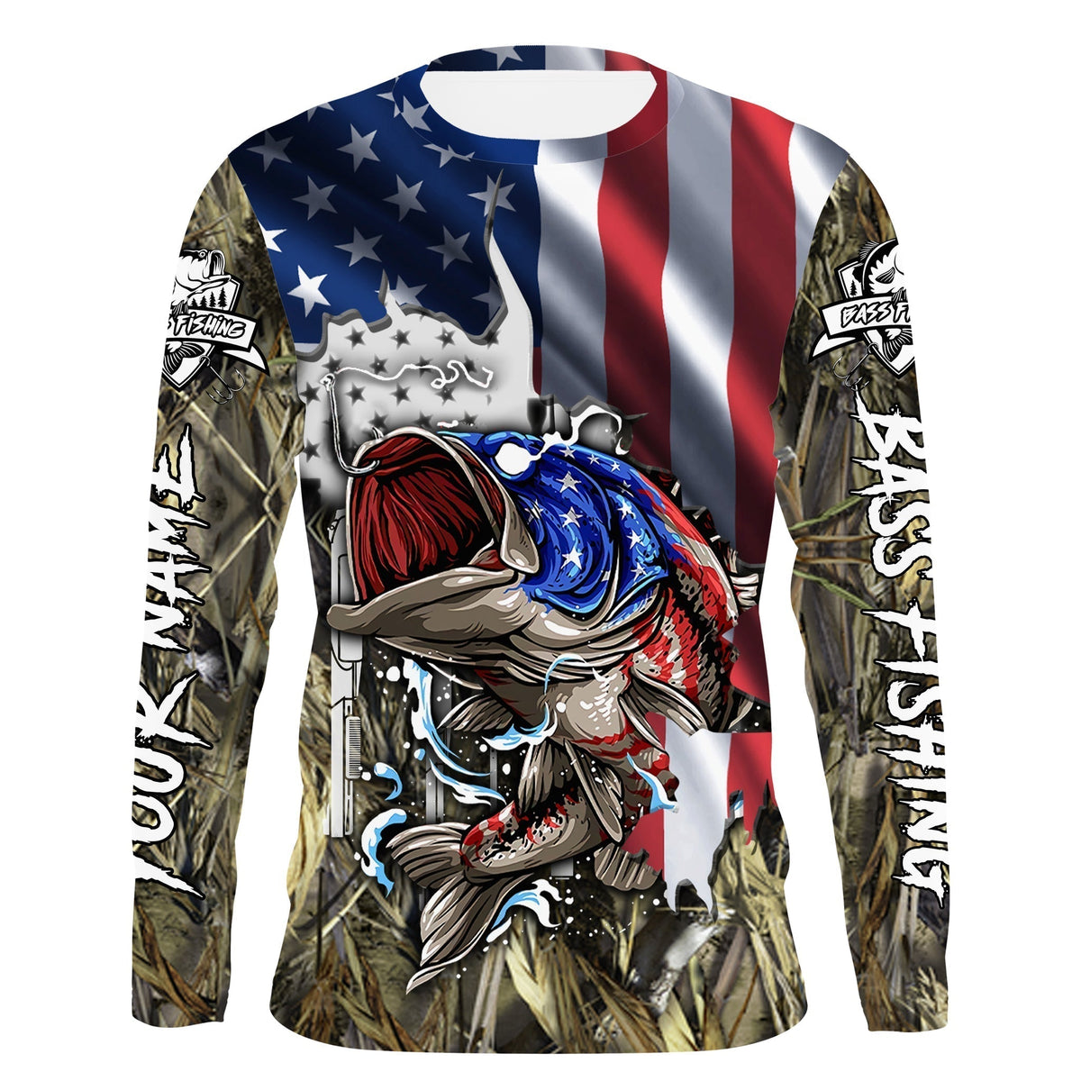 BlueJose American Flag Patriotic Largemouth Bass Camo Fishing Custom Name 3D Hoodie