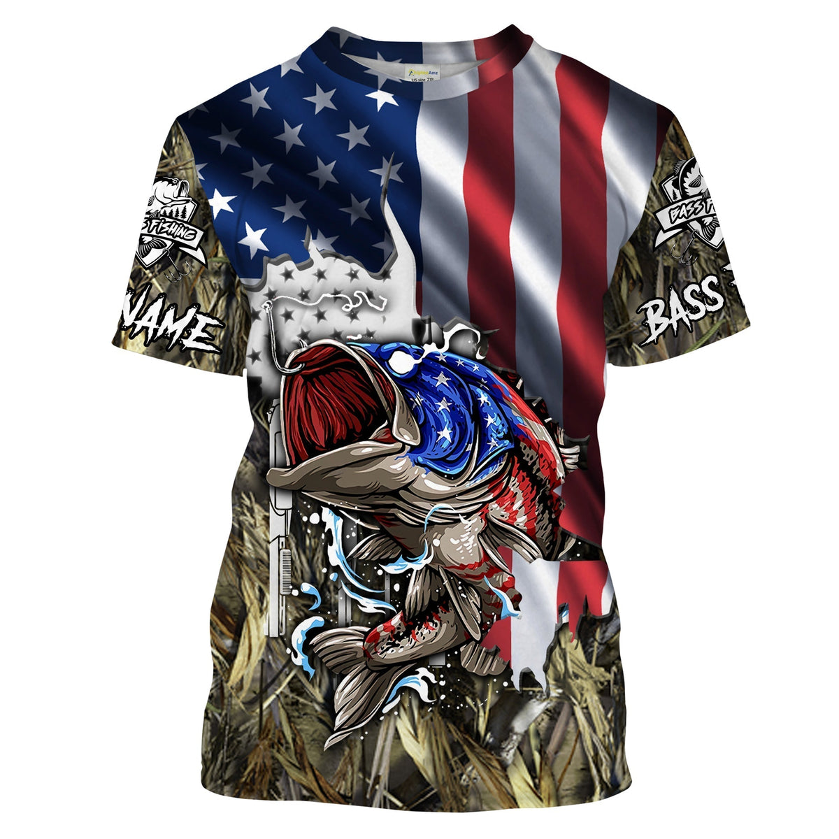 BlueJose American Flag Patriotic Largemouth Bass Camo Fishing Custom Name 3D Shirts