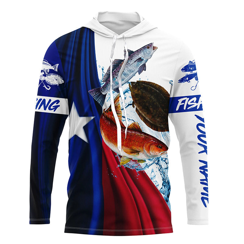 BlueJose Texas Slam Flag Patriotic Redfish, Trout, Flounder Fishing Custom   Long Sleeve