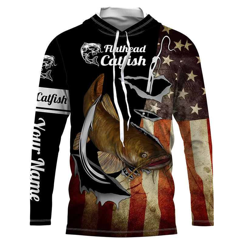BlueJose Flathead Catfish Fishing Fish Hook American Flag Custom Name 3D Shirts