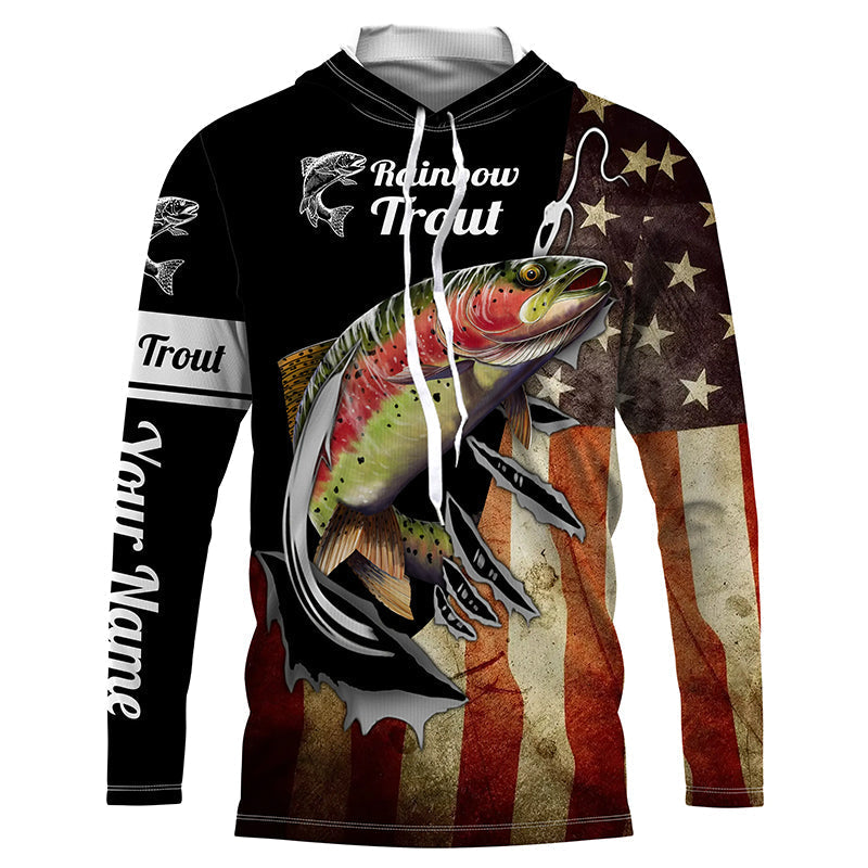 BlueJose Rainbow Trout Fishing Fish Hook American Flag Patriot Custom Name 3D Shirts