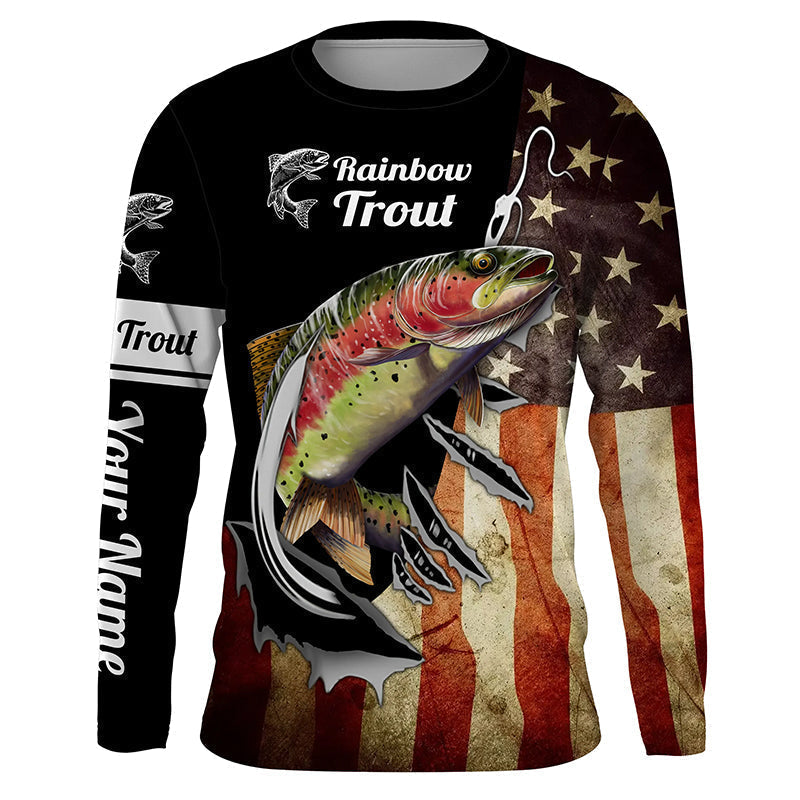 BlueJose Rainbow Trout Fishing Fish Hook American Flag Patriot Custom Name 3D Shirts
